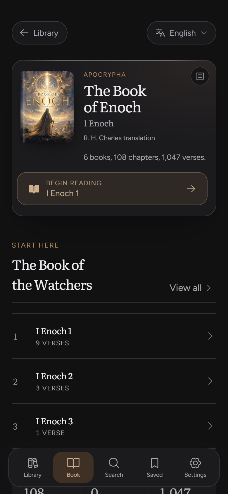 The Book of Enoch screen with its language picker