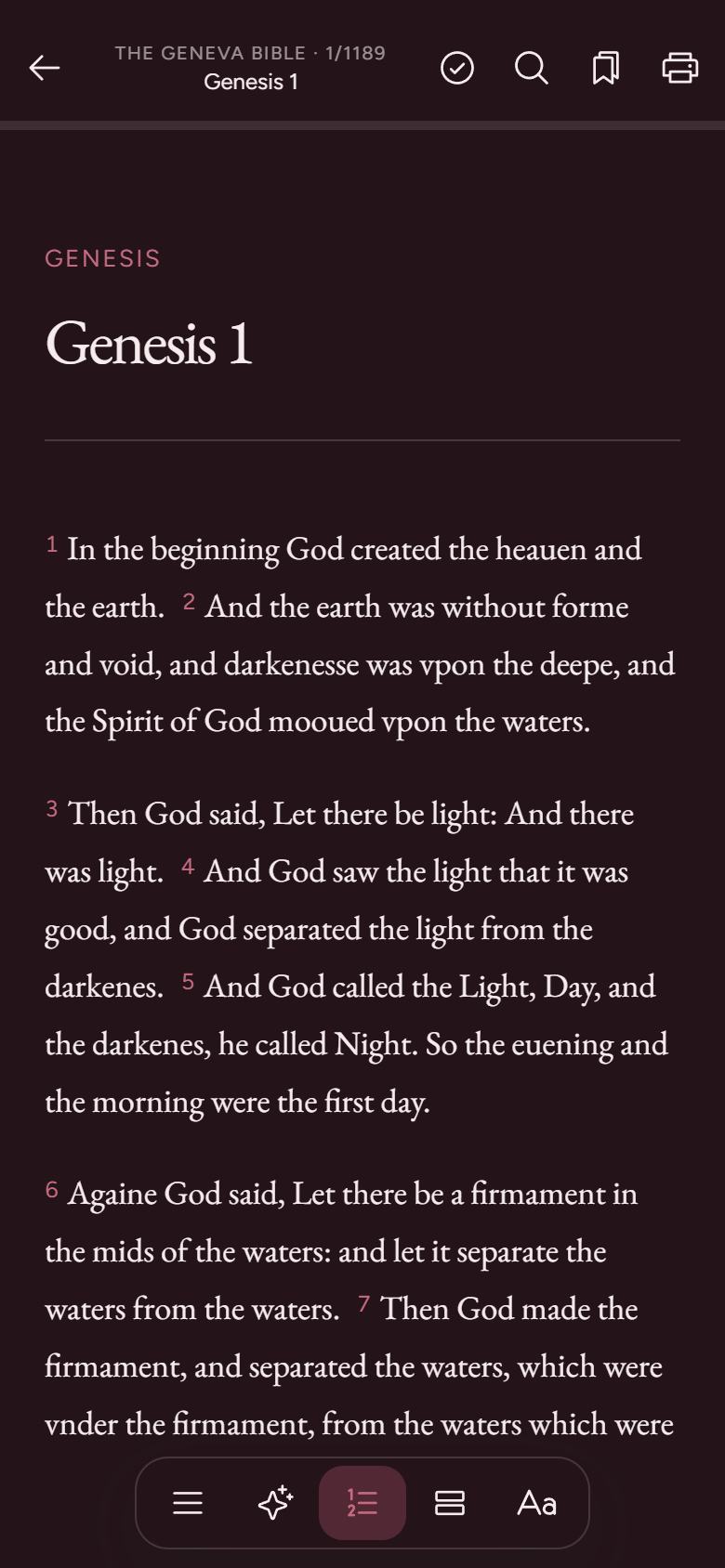 Genesis 1 in the wine theme with EB Garamond